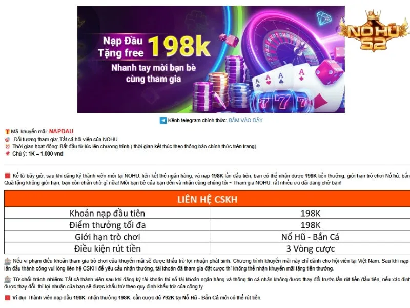 Khuyến mãi Nohu52 cho người chơi mới đăng ký