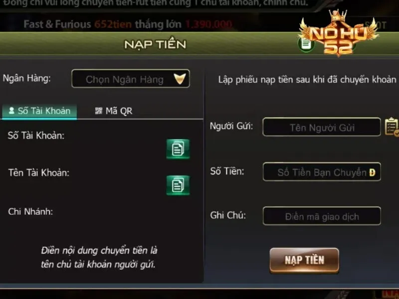 Quá trình nạp rút tiền nhanh chóng, thuận tiện